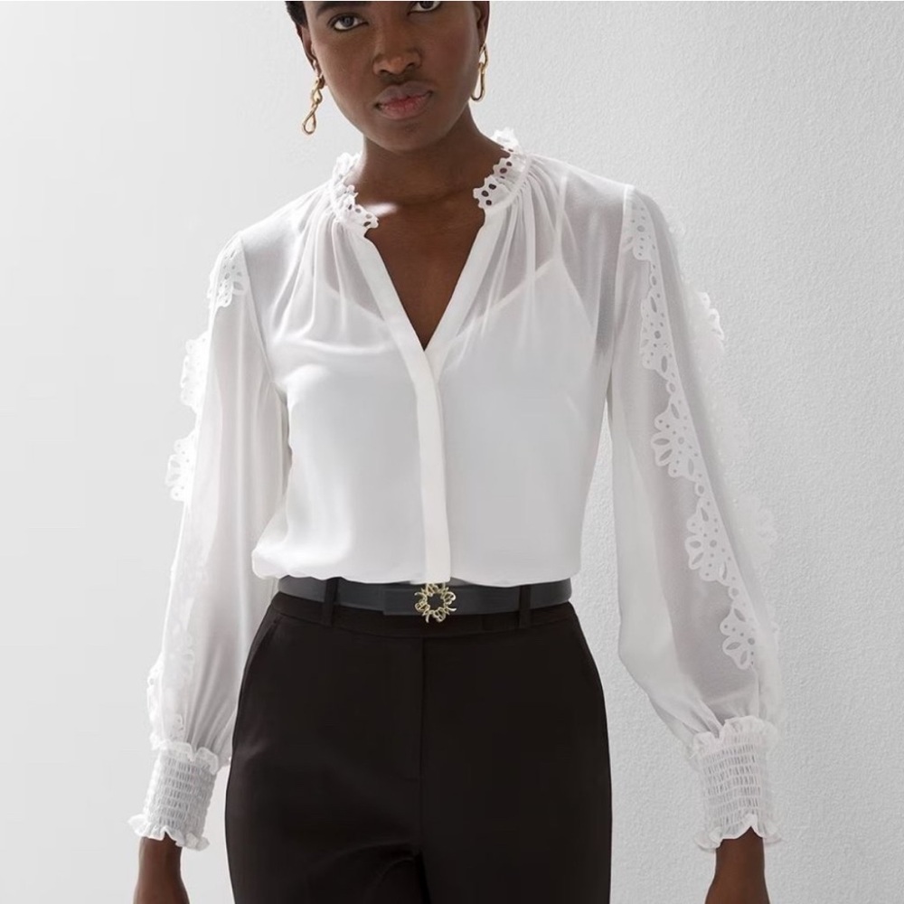 White House Black Market White Lace-Trim V-Neck Blouse